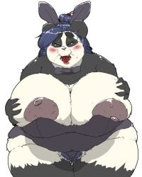 anthro bear big_breasts blush bodily_fluids bow_tie breasts fake_ears fake_rabbit_ears female genitals giant_panda hi_res huge_breasts mammal nipples obese obese_anthro obese_female overweight overweight_anthro overweight_female pubes solo tears urikire