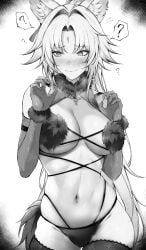 1girls absurd_res absurdres animal_ear_fluff animal_ears blush breasts closed_mouth cosplay embarrassed feixiao_(honkai:_star_rail) female female_only forehead_jewel fox_ears fox_girl hi_res highres honkai:_star_rail honkai_(series) iced_tea_u long_hair mihoyo monochrome nervous nervous_smile smile solo solo_female standing stomach underwear