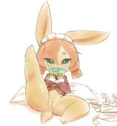 2017 anthro ass book brown_hair clitoral_hood clothed clothing cushion discarded_clothing exposed_butt female fur futaba_channel genitals green_eyes hair hi_res holding_book holding_object japanese_text kemono lagomorph leporid looking_at_viewer maid_headdress maid_uniform mammal nijiura_maids no_underwear pubes pussy rabbit riiikuta scut_tail short_stack short_tail solo sousai-san spread_legs spreading tail tan_body tan_fur text thick_thighs uniform