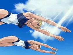 00s 2005 2girls animated ass barefoot bible_black bible_black_only blonde_hair blue_sky breasts camera curvy day diving highleg highleg_one-piece_swimsuit jumping large_breasts long_hair longer_than_30_seconds looking_down lowres multiple_girls one-piece_swimsuit saeki_kaori shiny_skin sky smile sound swim_cap swimming swimsuit tagme two-tone_swimsuit undressing video