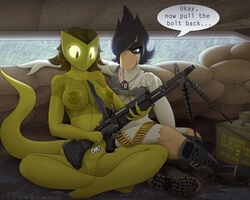 2017 4_fingers 5:4 ammo_belt anthro areola avian beak bird black_hair boots bottomless box breasts bullet casual casual_nudity cigarette claws clothed clothing dialogue dog_tags duo english_text erect_nipples feathers female female_only firearm fishnet footwear green_eyes gun hair half-closed_eyes holding_object holding_weapon lucy_(bzeh) lysergide machine_gun mask navel nipples outside pointing pussy raining ranged_weapon rifle scalie shirt shoes sitting smoke sound_effects speech_bubble spread_legs spreading stinger_(bzeh) swan text toe_claws translated under_boob water weapon white_feathers