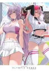 2girls aqua_eyes arms_behind_head arms_up azur_lane baseball_cap baseball_glove breasts bremerton_(azur_lane) bremerton_(azur_lane)_(cosplay) bremerton_(scorching-hot_training)_(azur_lane) chain-link_fence choker cosplay costume_switch crop_top crop_top_overhang dishwasher1910 earrings fence hair_ribbon hat holding intrepid_(azur_lane) intrepid_(azur_lane)_(cosplay) intrepid_(one_intrepid_pitch)_(azur_lane) large_breasts long_hair looking_at_viewer midriff miniskirt multicolored_hair navel pink_eyes pink_hair playing_sports pleated_skirt ponytail purple_hair racket ribbon shirt short_shorts shorts skirt sportswear sweat sweatband tennis_racket tennis_uniform thighhighs towel white_legwear white_shirt white_shorts white_skirt