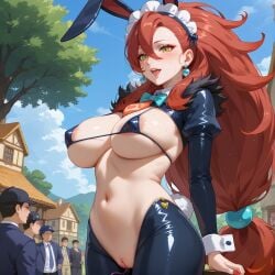 ai_generated animal_ears areolae bangs bikini blue_sky blush bow bowtie breasts building cloud cloudy_sky day earrings fake_animal_ears fake_tail female hisuian_zoroark jewelry large_breasts long_hair long_sleeves maid_headdress meme_attire micro_bikini multiple_boys navel open_mouth outdoors palm_tree playboy_bunny pokemon public_nudity puffy_sleeves pussy rabbit_ears rabbit_tail revealing_clothes reverse_bunnysuit reverse_outfit sky solo_focus sweat swimsuit tail tree uncensored wrist_cuffs yellow_eyes zoroark