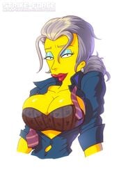 1girls 2017 big_breasts bra breasts cleavage clothes collar earrings eyebrows eyelashes eyeshadow female female_only gray_hair grey_hair hair huge_breasts large_breasts lips lipstick long_hair looking_at_viewer madame_belle makeup red_lipstick silver_hair solo strike-force the_simpsons yellow_skin