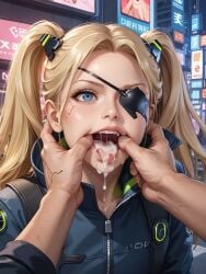 1girls after_fellatio ai_generated blonde_hair cum cum_in_mouth cum_on_body cum_on_breasts cum_on_face cumshot eyepatch female finger_in_another's_mouth finger_in_mouth fishhooking hand_on_mouth lioram00n original_character twintails zara