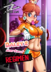 1girls accelart blue_eyes breasts brown_hair clothing comic condom crown earrings english_text eyelashes female female_only flower_earrings gloves gym human legs light-skinned_female light_skin looking_at_viewer mammal mario_(series) mario_strikers mature mature_female mature_woman medium_hair nintendo orange_shirt orange_short princess princess_daisy royalty shirt short soccer_uniform tomboy