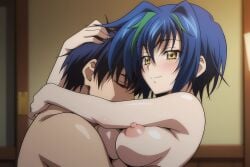 1boy 1girl ai ai_art ai_generated blue_hair blush breasts closed_eyes closed_mouth completely_nude green_hair hetero high_school_dxd hug indoors large_breasts medium_breasts multicolored_hair nipples nude shiny_skin short_hair smile streaked_hair two-tone_hair upper_body xenovia_quarta yellow_eyes