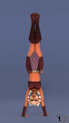 1girls 3d acrobatic ahsoka_tano alien belly_button boots clone_wars dc15-a female female_only gloves gymnastics handstand jedi jedi_padawan looking_at_viewer orange_body orange_skin simple_background skirt solo standing star_wars the_clone_wars:_season_one togruta