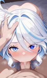 1girls ai_generated blowjob blue_eyes blue_hair breasts erect_penis erection fellatio female furina_(genshin_impact) genshin_impact heterochromia light-skinned_female light_skin looking_at_viewer nai_diffusion nipples nude nude_female penis small_breasts stable_diffusion uncensored white_hair