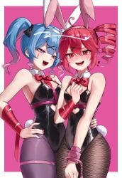 2girls absurdres blue_eyes blue_hair clothing_cutout fishnet_pantyhose fishnets hatsune_miku heart_cutout highres hu2924 kasane_teto leotard multiple_girls pantyhose playboy_bunny rabbit_hole_(vocaloid) red_eyes red_hair tagme teardrop_facial_mark utau vocaloid