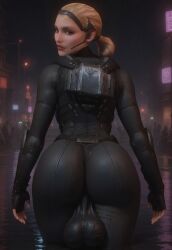 ai_generated ass_focus back_view balls_behind_legs blonde_hair bodysuit civitai futanari halo_(game) halo_(series) halo_3_odst highres huge_ass large_ass large_balls looking_at_viewer looking_back odst plump_ass short_ponytail veronica_dare video_game video_game_character video_game_franchise