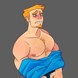 1boy 2024 2d areolae athletic athletic_male blonde_hair blush brawl_stars digital_drawing_(artwork) digital_media_(artwork) facial_hair grom_(brawl_stars) hairy hairy_chest hairy_male human male male_focus male_only no_visible_genitalia partially_clothed pecs rif_art simple_background solo solo_focus solo_male supercell tagme undressing white_skin yellow_hair