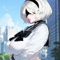 1girls ai_generated blindfold blindfolded creamy_ai female light-skinned_female light_skin nier:_automata short_hair short_hair_female tagme white_hair yorha_2b