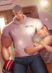 2024 2boys age_difference areolae_visible_through_clothing bara beefy biceps big_hands blonde_hair brother closed_eyes clothed dated disproportional frown grabbing grabbing_neck height_difference helmet hi_res hunk jeans looking_at_viewer male male_only manly mature_male meisho_hanten muscles muscular muscular_arms muscular_male neckwear open_mouth original original_character red_eyes scar scar_on_face scar_on_lip short_hair standing text thick_arms tough_guy v-shaped_eyebrows veiny_arms veiny_muscles very_high_resolution wide_shoulders