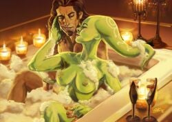 alien bath bathroom bathtub breasts brown_hair candle colored_skin female green_skin hera_syndulla jedi kanan_jarrus large_breasts lekku_(anatomy) looking_at_another nipples nude signature smmarenco star_wars star_wars_rebels twi'lek