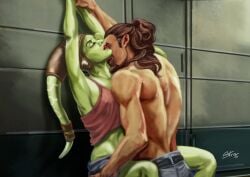 1boy alien arms_up blue_pants breasts brown_hair brown_tank_top colored_skin denim female green_skin hera_syndulla jeans kanan_jarrus lekku_(anatomy) pants signature smmarenco star_wars star_wars_rebels straight tank_top topless_male twi'lek