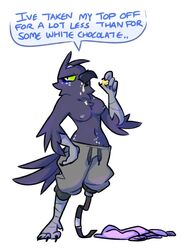 amputee anthro avian avian_(starbound) beak birb breasts candy chocolate clothed clothing female food green_sclera harley_(pixylbyte) harley_(shlixyl) mammal pixylbyte starbound topless video_games