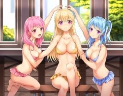 3girls arm_above_head arm_up bang_dream! bare_armpits bare_arms bare_back bare_belly bare_calves bare_chest bare_hands bare_hips bare_knees bare_legs bare_midriff bare_navel bare_shoulders bare_skin bare_thighs bare_toes barefoot belly belly_button bikini bikini_bottom bikini_only bikini_top blonde_eyebrows blonde_female blonde_hair blonde_hair blonde_hair_female blue_bikini blue_bikini_bottom blue_bikini_top blue_eyebrows blue_eyes blue_hair blue_hair_female blue_string_bikini blue_swimsuit blue_swimwear blush blush_face blushed_face blushing_face blushing_female breasts busty busty_female busty_girl busty_teen calves cleavage collarbone curvaceous curvaceous_body curvaceous_female curvaceous_figure curvaceous_hips curvaceous_teen curvy curvy_body curvy_female curvy_figure curvy_hips curvy_teen dot_nose elbows embarrassed embarrassed_exposed_female embarrassed_expression embarrassed_female exposed_armpits exposed_arms exposed_back exposed_belly exposed_chest exposed_hips exposed_legs exposed_midriff exposed_navel exposed_shoulders exposed_skin exposed_thighs exposed_toes eyebrows_visible_through_hair fair_skin feet female female_focus female_naked female_only fingers frilled_bikini frilled_bikini_bottom frilled_bikini_top green_hair_ribbon green_hair_tie green_ribbons hair_between_eyes hair_ribbon hair_tie half_naked half_nude hand_above_head hand_up high_resolution high_school_student highres knee_up knees large_breasts lean_body lean_figure leg_up legs light-skined_female light-skinned light-skinned_female light_skin light_skin_female light_skinned light_skinned_female lips long_hair looking_at_viewer lunacle maruyama_aya matsubara_kanon medium_breasts midriff multiple_females multiple_girls naked naked_female naked_woman narrow_waist navel nervous nervous_expression nervous_face nervous_female nervous_smile nude nude_female nudity open_mouth open_mouth_smile outdoor outdoor_nudity outdoors outside parted_lips partially_naked pink_bikini pink_bikini_bottom pink_bikini_top pink_eyebrows pink_eyes pink_eyes_female pink_hair pink_hair_female pink_string_bikini pink_swimsuit pink_swimwear ponytail purple_eyes purple_eyes_female ribbon school_girl school_girls semi_nude shirasagi_chisato shoulders shy shy_expression shy_smile side_ponytail sitting slender_body slender_waist slim_girl slim_waist smile smiley_face smiling smiling_at_viewer smooth_skin standing string_bikini swimsuit swimwear teen_girl teenage_girl teenage_girls teenager thick_thighs thighs thin_waist toes tongue upper_body v-line wavy_hair yellow_bikini yellow_bikini_bottom yellow_bikini_top yellow_eyebrows yellow_hair yellow_hair_female yellow_string_bikini yellow_swimsuit yellow_swimwear