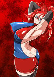 1girls abstract_background android_21 android_21_(human) armpits artist_request ass ass_cleavage ass_in_dress bimbo black-framed_glasses blue_eyes blush breasts butt_crack cleavage clothed curly_hair dat_ass detached_sleeves dragon_ball dragon_ball_fighterz dress erect_nipples eyelashes eyewear female female_only fully_clothed glasses gynoid hair_between_eyes highres hourglass_figure huge_breasts human large_areolae large_breasts long_hair looking_at_viewer nipple_bulge nipples parted_lips puffy_nipples red_hair redhead solo thick_thighs thighhighs tight_clothes virgin_killer_dress voluptuous wide_hips