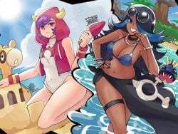 2girls beach belly_button belly_button_visible_through_clothing big_breasts bikini breasts cleavage courtney_(pokemon) dark-skinned_female dark_skin emotionless hair_over_one_eye hand_on_hip hips looking_at_viewer midriff on_knees one-piece_swimsuit outdoors pokemon pokemon_oras sea shelly_(pokemon) skindentation small_breasts smile smug swimsuit thick_thighs thighs wanderjegson water