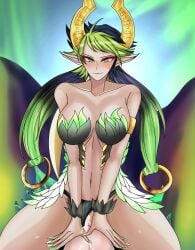 blush cowgirl_position cum cum_in_pussy cum_inside cygames dragalia_lost dragon dragon_girl first_person_view garuda_(dragalia_lost) gradient_hair green_eyes horn horns large_breasts looking_pleasured monster_girl nintendo panties panties_aside pointed_ears pov prism_flash_(artist) sitting_on_person size_difference smile vaginal_penetration wings