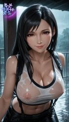 ai_generated aiuniverse56 big_breasts black_hair breasts covered_nipples final_fantasy final_fantasy_vii long_hair midriff navel red_eyes stable_diffusion tank_top tifa_lockhart translucent translucent_clothing translucent_crop_top transparent visible_nipples wet_clothes wet_tank_top