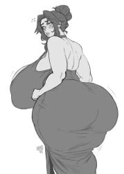 ass backless_outfit blush breasts ear_piercing female flying_sweatdrops gigantic_breasts hair_bun highres huge_ass huge_breasts kenjosart lips looking_at_viewer looking_back mature_female monochrome piercing single_hair_bun tight_clothes toned toned_female wide_hips