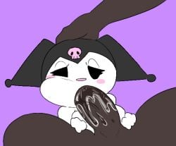 blowjob cheek_bulge dark-skinned_male half-closed_eyes hand_on_head kuromi onegai_my_melody saliva_on_penis sanrio savagensfw white_body white_fur