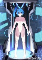 absurdres axasempai blue_eyes blue_hair breasts commission completely_nude female highres large_breasts long_hair mega_man_(series) mega_man_x_(series) mega_man_x_dive nipples nude pussy rico_(mega_man) robot_girl side_ponytail solo standing