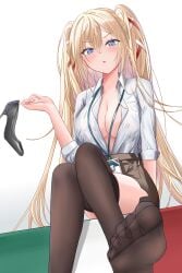 absurdres asayoru azur_lane black_footwear black_thighhighs blonde_hair blue_eyes blush breasts brown_skirt cleavage commentary crossed_legs dress_shirt female foot_out_of_frame gorizia_(azur_lane) gorizia_(unrequited_office_love?)_(azur_lane) hair_between_eyes hair_ribbon high_heels highres holding holding_shoes italian_flag lanyard long_hair looking_at_viewer medium_breasts miniskirt no_bra official_alternate_costume open_clothes open_shirt parted_lips pencil_skirt red_ribbon ribbon shirt shirt_tucked_in shoes sitting skirt solo thighhighs toes two_side_up unworn_shoes v-shaped_eyebrows white_ribbon white_shirt