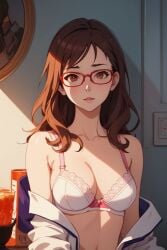 1girls ai_generated bra brown_eyes brown_hair female_only glasses medium_breasts revealing_clothes skotos_ai