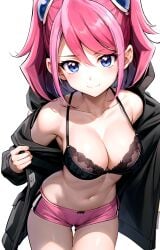 1girl ai-created ai_generated armpit_crease bare_shoulders black_bow black_bra black_hoodie black_jacket blue_eyes blush bow bow_bra boyshort_panties boyshorts bra breasts cleavage closed_mouth collarbone cowboy_shot drawstring female groin hair_between_eyes hair_ornament hiiragi_yuzu hood hood_down hooded_jacket hoodie jacket lace lace-trimmed_bra lace_bra lace_trim large_breasts leaning_forward light_blush lingerie long_hair long_sleeves looking_at_viewer medium_breasts medium_hair micro_shorts midriff multicolored_hair navel off_shoulder open_clothes open_jacket pink_hair pink_panties pink_shorts pixiv rena_aikawa_(pixiv_user) short_hair short_shorts short_twintails shorts sidelocks simple_background smile solo stable_diffusion standing stomach strap_gap swept_bangs tagme thigh_gap thighs twintails two-tone_hair two_side_up underwear undressing v-shaped_eyebrows white_background yu-gi-oh! yu-gi-oh!_arc-v zuzu_boyle