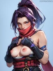 ai_generated arm_guards bangs bare_shoulders black_gloves black_hair blue_eyes blush breasts breasts_out_of_clothes clothing covered_mouth exposed_breasts female female_only fingerless_gloves gloves high_ponytail high_resolution kimono large_breasts long_hair looking_at_viewer marvel marvel_comics marvel_rivals medium_breasts mole mole_on_breast neckwear ninja nipples no_bra obi open_clothes parted_bangs ponytail psylocke psylocke_(marvel_rivals) purple_hair red_neckwear red_scarf robe rope sash scarf solo tied_hair traditional_clothes upper_body xsfmworks