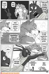 abs anthro biceps big_muscles canine comic fur greyscale lagomorph male male_only mammal monochrome muscular muscular_male naruever nero_(naruever) nipples pecs rabbit wolf zack_(naruever)