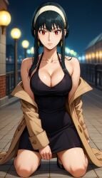 ai_generated anime babe bare_legs black_dress black_hair city_background city_lights cleavage coat confused_face confusion cute dress earrings headband kneeling kneeling_on_ground lights looking_at_viewer mother night park professional_clothes red_eyes sexy spy_x_family thick_thighs toongenai twintails twintails_(hairstyle) undressing voluptuous_female winter yor_forger