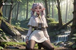 1girls ai_generated artist_name belt black_belt black_pantyhose boots brown_footwear capelet day earrings elf forest frieren frieren_beyond_journey's_end green_eyes grey_hair hi_res jewelry kneeling long_hair long_sleeves looking_at_viewer nature open_mouth outdoors pantyhose parted_bangs patreon_username pointy_ears r34arts shirt skirt solo sousou_no_frieren striped_clothes striped_shirt teeth tree twintails water waterfall white_capelet white_hair white_skirt