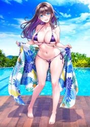 bare_arms bare_legs bare_shoulders barefoot bikini blue_eyes blue_sky blush breasts brown_hair cameltoe covered_erect_nipples day female floral_print full_body head_tilt highres jewelry large_breasts long_hair looking_at_viewer micro_bikini multicolored_hair navel necklace oomune_tayuyu outdoors pool purple_bikini purple_hair side-tie_bikini_bottom sky smile solo standing swimsuit tama_project towel two-tone_hair v-mag virtual_youtuber