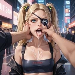 1girls after_fellatio ai_generated blonde_hair cum cum_in_mouth cum_on_body cum_on_breasts cum_on_face cumshot eyepatch female finger_in_another's_mouth finger_in_mouth fishhooking hand_on_mouth lioram00n original_character twintails zara