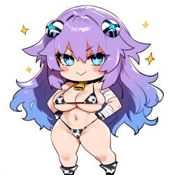 +_+ 1girls animal_print bangs bell bikini blue_eyes blush breasts chibi cleavage cow_print cowgirl doyagao hair_between_eyes hands_on_hips large_breasts long_hair looking_at_viewer medium_breasts navel neptune_(neptunia) neptunia_(series) purple_hair purple_heart_(neptunia) shortstack smile smug solo sparkle_background standing striped sweat swimsuit symbol-shaped_pupils v-shaped_eyebrows vertical_stripes very_long_hair virtual_youtuber