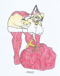 anthro beige_body beige_fur big_ass big_breasts blonde_female blonde_hair_female buff_bouncy_(waifuland) christmas christmas_outfit christmas_present collar_bell doggystyle_position earring furry hand_on_butt hare_humanoid high_heel_boots long_boots long_gloves marlon64 naked_boots naked_collar naked_female naked_gloves naked_hat pink_eyeshadow pink_lipstick pink_makeup santa_bag santa_boots santa_gloves santa_hat santa_outfit smiling_at_viewer solo_female tattoo_on_butt traditional_drawing_(artwork) waifuland white_background white_fur