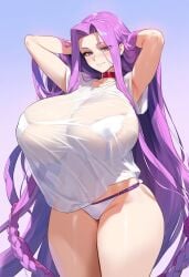 1girls ai_generated ass big_breasts bikini breasts enormous_breasts fate/grand_order fate_(series) female female_focus hips huge_ass huge_breasts large_breasts looking_at_viewer mature_female medusa_(fate) navel purple_eyes purple_hair thick_thighs thighs wet_shirt