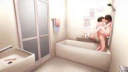 1boy bathroom black_hair breasts closed_eyes commentary completely_nude english_commentary english_text female french_kiss highres indoors kissing medium_hair nude original sex short_hair small_breasts speech_bubble standing standing_missionary straight tanatonkub toothbrush