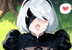 1girls ai_generated blindfold blindfolded creamy_ai cum_in_mouth cum_on_face female light-skinned_female light_skin nier:_automata short_hair short_hair_female tagme white_hair yorha_2b