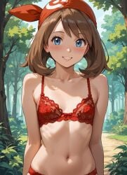 a_cup aa_cup ai_generated b_cup bb_cup blue_eyes bra breasts brown_hair brunette_hair female lace_lingerie lingerie may may_pokemon panties petite petite_body pokemon pokemon_tcg_pocket red_lingerie short_hair skinny skiny small_boobies small_boobs small_breasts small_tits solo thin thin_body thong viewer_pov young