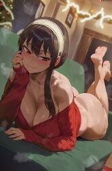 1girls ai_assisted ass bangs big_ass big_breasts big_thighs black_hair blush breasts busty butt christmas christmas_tree feet female female_focus female_only huge_ass huge_breasts huge_thighs long_hair looking_at_viewer presenting red_eyes shexyo smile smiling smiling_at_viewer solo spy_x_family steam steaming_body sweat sweatdrop sweater sweating tagme thick_hips thick_thighs thighs voluptuous yor_briar yor_forger