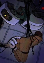 2girls ass ass_focus bondage breasts brown_hair caressing chell dreamcastomatic fully_nude glados glados_(central_core) looking_away portal_(series) portal_2 robot robot_girl scars socks_only teasing wet_pussy wires yuri