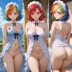 3girls ai_generated ass ass_visible_through_thighs babydoll bangs blonde_hair blush bottomless breasts censored cleavage detached_collar earrings eyebrows_visible_through_hair frilled_hairband green_hair headdress jewelry lolita_hairband long_hair looking_at_viewer looking_back maid maid_headdress medium_breasts mosaic_censoring multicolored_hair multiple_girls my_little_pony navel no_panties panties parted_lips pink_eyes purple_eyes pussy rainbow_dash_(mlp) red_eyes red_hair see-through short_hair smile stomach thigh_gap underwear