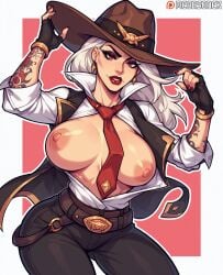 activision ai_generated arm_tattoo ashe_(overwatch) belt between_breasts black_gloves blizzard_entertainment bracelet breasts breasts_out cowboy_hat cowboy_shot earrings eyeshadow female fingerless_gloves gloves hat jewelry large_breasts lips lipstick long_hair looking_at_viewer makeup megasonek mole mole_above_mouth nail_polish necktie necktie_between_breasts nipples no_bra open_clothes open_shirt overwatch overwatch_2 pants parted_lips patreon_username red_eyes red_lips red_necktie shirt sleeves_rolled_up smile solo tattoo watermark white_hair white_shirt