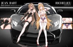 2girls azur_lane black_leotard blonde_hair breasts bridal_gauntlets brown_hair car dishwasher1910 earrings hairpin hat high_heels highleg highleg_leotard hoop_earrings jean_bart_(azur_lane) lamborghini large_breasts leotard long_hair looking_at_viewer pink_eyes race_queen richelieu_(azur_lane) sitting_on_car sunglasses sunglasses_on_head thighhighs white_leotard