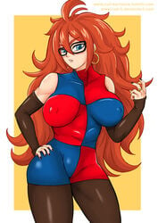 1girls abs android_21 android_21_(human) big_areola black_nails blue_eyes blush busty cameltoe cleavage clothed curly_hair curvaceous dragon_ball dragon_ball_fighterz erect_nipples female fully_clothed ginger glasses gynoid hoop_earrings hourglass_figure huge_breasts long_hair navel puffy_nipples red_hair rud-k solo spread_legs thick_thighs thigh_highs wide_hips